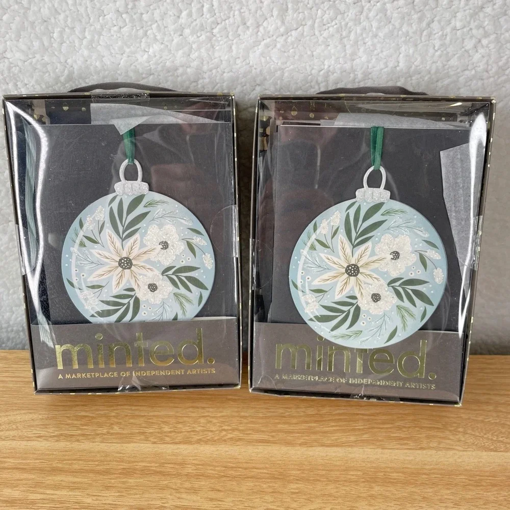 Minted Floral Bulb Christmas Card Megan Cash 2 Boxes 20 Count Total Blue Glitter